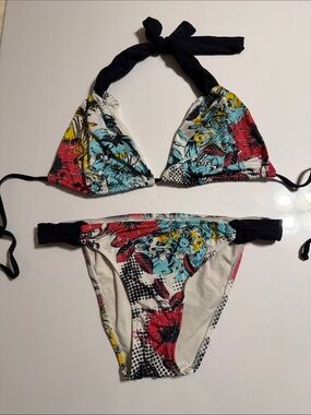 JETS by Jessika Allen Tropical Print Two Piece Halter Triangle Bikini Set. NWOT
